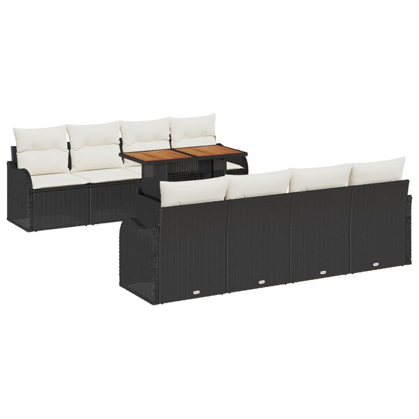 Canapé jardin 9 pièces avec coussins Noir Poly Rattan