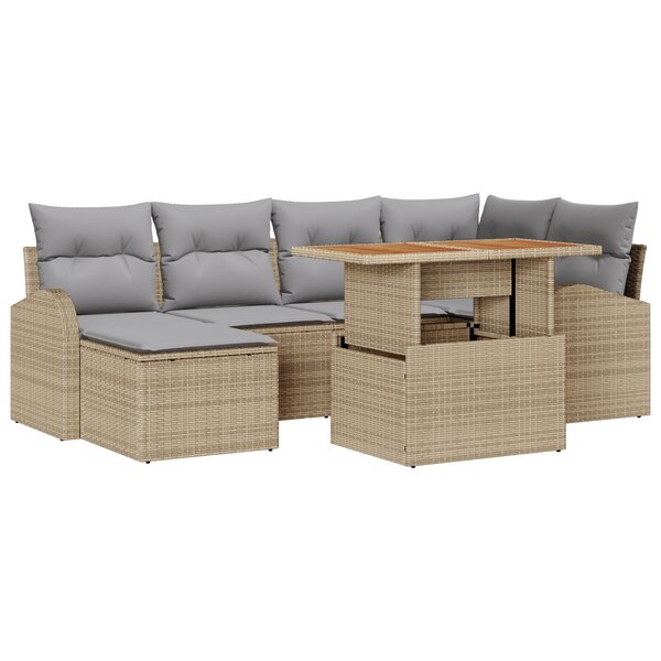 Set de canapé de jardin 7 pièces avec coussins en poly rotin beige