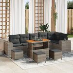 Set de 10 pièces canapé jardin gris poly rattan acacia