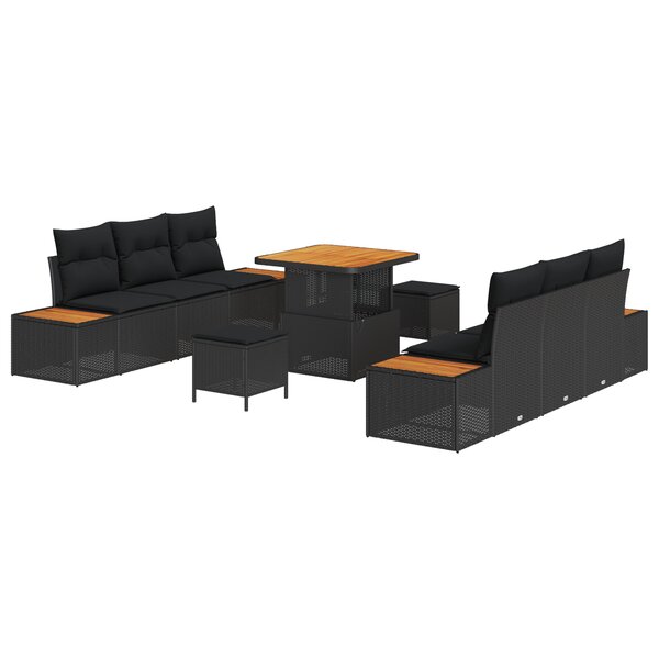 Ensemble de Canapés de Jardin 9 pièces avec Coussins Noir Poly Rattan Acacia