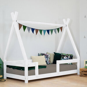 Lit Tipi enfant avec barrière bois massif blanc 90 x 180 cm