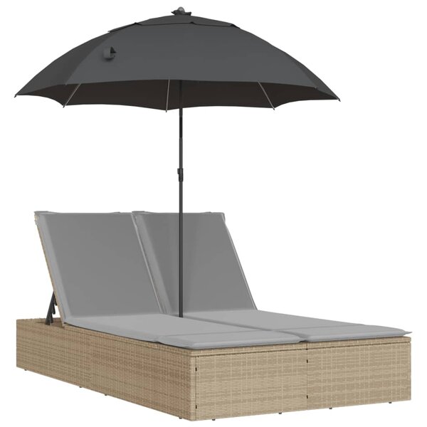 vidaXL Chaise longue double avec coussins et parasol beige poly rotin