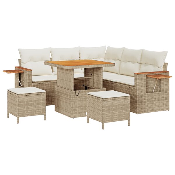 Ensemble de canapé jardin 8 pièces avec coussins beige en poly rotin et acacia