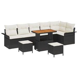 Ensemble de canapé 9 pièces avec coussins noir poly rotin acacia