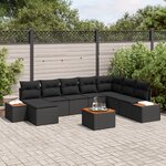 vidaXL Ensemble de Canapés de Jardin de 9 Pièces avec Coussins Noir Poly Rattan Acacia