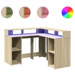 Bureau table poste de travail meuble d'ordinateur informatique étude avec lumières LED chêne sonoma bois d'ingénierie brun 02_0023424