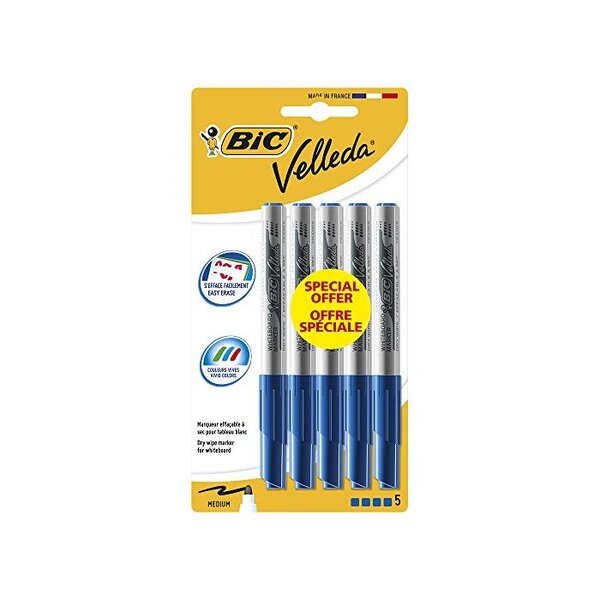 Pack de 5 Feutres effaçable a sec pointe ogive moyenne Bleu VELLEDA