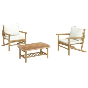 Salon de jardin meuble d'extérieur ensemble de mobilier 3 pièces avec coussins blanc crème bambou 02_0015921