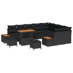 Set de canapé de jardin de 12 pièces avec coussins en poly rotin noir et acacia