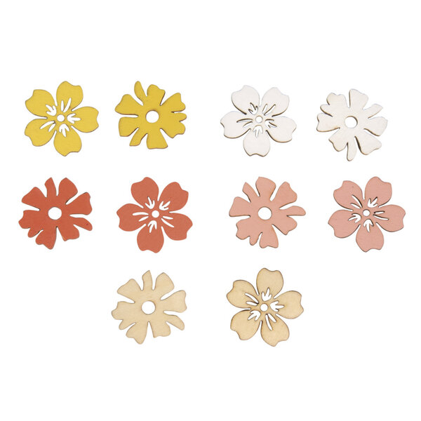 Miniatures en bois Fleur  3 5cm ø  Colore  av.dot adhésif  10 pces
