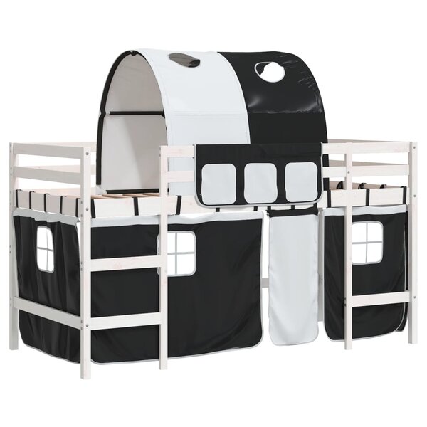 vidaXL Lit mezzanine enfants et tunnel blanc/noir 90x200 cm pin massif
