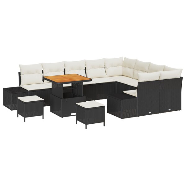 Canapé jardin 12 pièces avec coussins Noir Poly Rattan Acacia