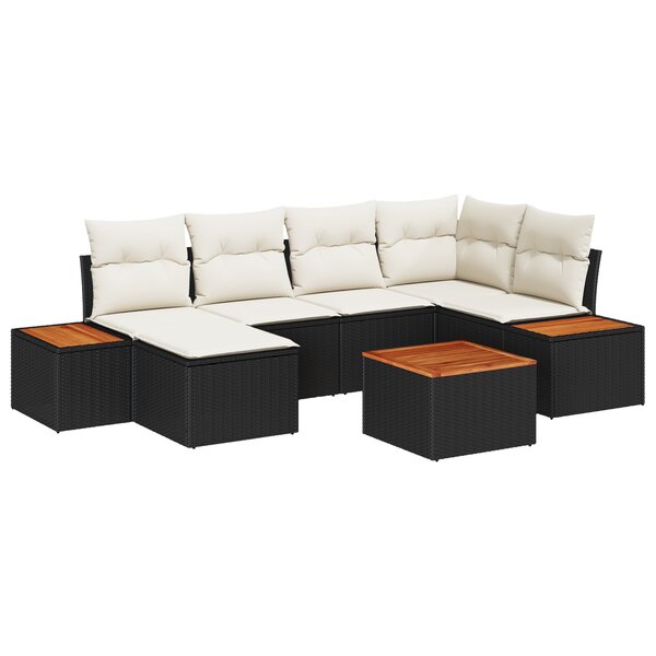 Ensemble de canapé de jardin 7 pièces avec coussins Noir Poly Rattan Acacia