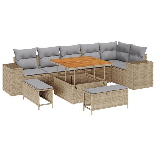 Ensemble de Canapé de Jardin 9 pièces avec Coussins Beige Poly Rattan Acacia