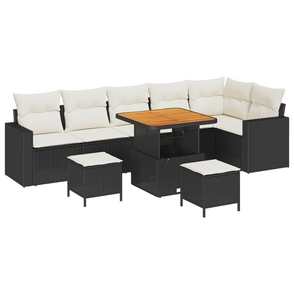 Ensemble de sofa de jardin 9 pièces avec coussins Noir Poly Rattan Acacia