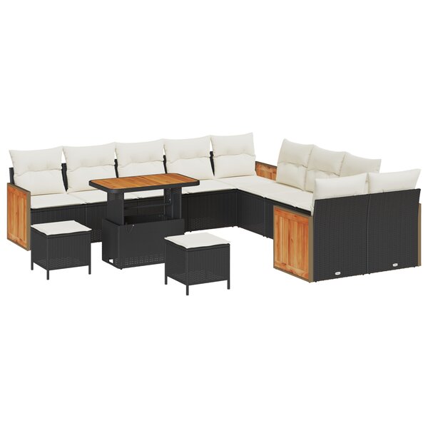 Ensemble de Canapés de Jardin 13 Pièces avec Coussins Noir Poly Rattan Acacia