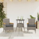 vidaXL Ensemble à manger de jardin et coussins 3 Pièces gris rotin verre
