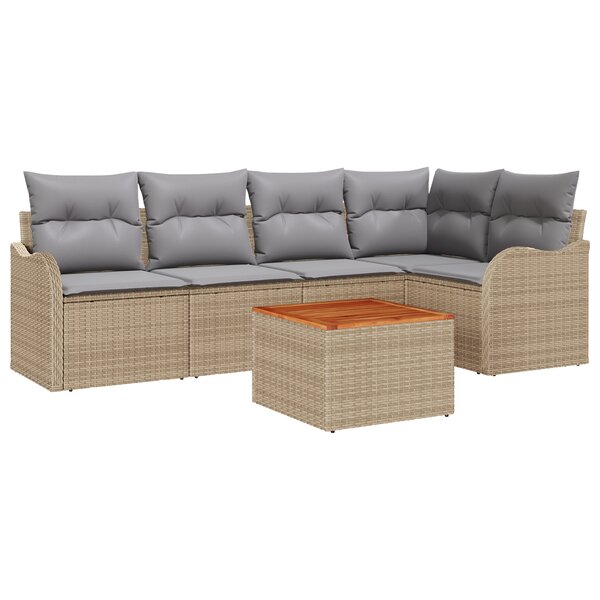 Ensemble de Sofa de Jardin 6 Pièces avec Oreillers Beige Rattan Poly Acacia
