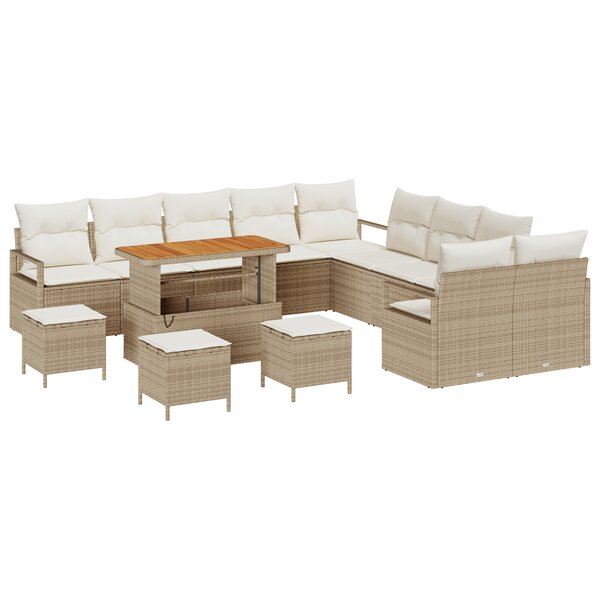 Canapé de Jardin 14 Pièces avec Coussins Beige Poly Rattan Acacia