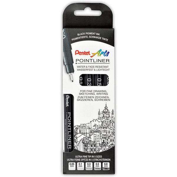 Feutre technique permanent Pointliner, set de 5, noir PENTEL