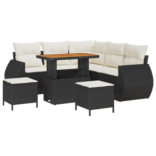 Ensemble de 8 pièces de canapés de jardin avec coussins en poly rotin noir acacia