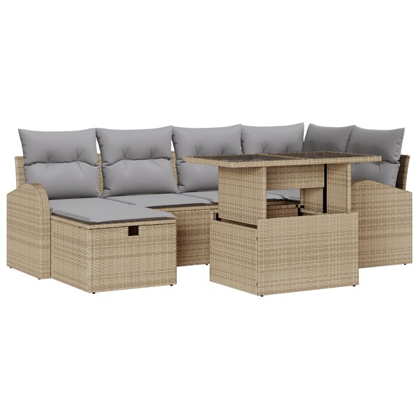 Ensemble de canapé de jardin 7 pièces avec coussins Beige Poly Rattan