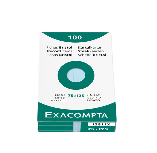 Étui de 100 fiches bristol ligné non perforé 75x125mm Bleu EXACOMPTA