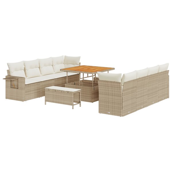 Ensemble de Canapé de Jardin 11 Pièces avec Coussins Beige Poly Rattan Acacia