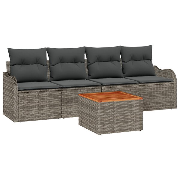 Ensemble de Canapé de Jardin 5 Pièces avec Coussins Gris Poly Rattan Acacia