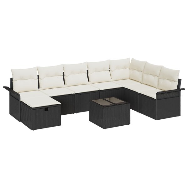 Ensemble de Canapé de Jardin 9 Pièces avec Coussins Noir Poly Rattan
