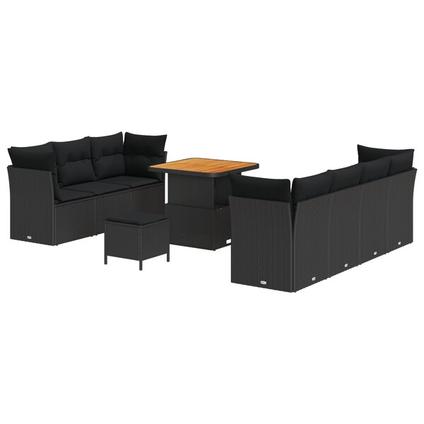 Ensemble de canapés de jardin de 10 pièces avec coussins en poly rattan noir et acacia