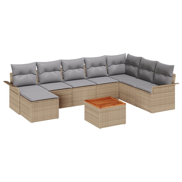 vidaXL Ensemble de Canapé de Jardin 9 Pièces avec Coussins Beige Poly Rattan Acacia