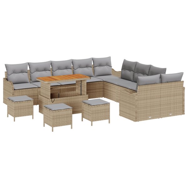 Set de canapé de jardin 14 pièces avec coussins beige rotin synthétique acacia
