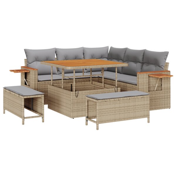 Set de canapé de jardin 8 pièces vidaXL avec coussins Beige Poly Rattan Acacia