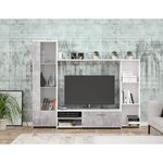 Meuble TV paroi murale - Blanc mat et béton clair - porte vitrée + 5 niches - 220 4 x 41 3 x 177 5 cm - PILVI