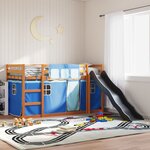 vidaXL Lit superposé avec toboggan et rideaux bleu 90x200 cm