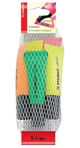 Filet de 5 Surligneurs NEON Tendance Pte Biseautée 2- 5 mm STABILO