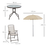 Ensemble salon de jardin 6 Pièces - table ronde + 4 chaises pliables + parasol - acier époxy café textilène polyester beige