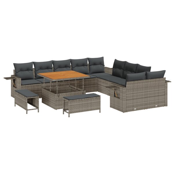 Ensemble de Canapé de Jardin de 13 Pièces avec Coussins en Poly Rotin Gris Acacia