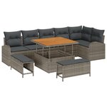 Ensemble de Canapé de Jardin de 9 Pièces avec Coussins Gris Rattan Poly Acacia