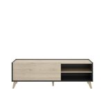 Meuble TV 1 abattant 2 niches - Décor graphite et chêne 155 x 43 x Hauteur 47 cm