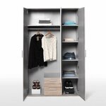 Armoire battante - Panneaux de particules - Blanc et chêne - 3 portes et 2 tiroirs + miroir - 121 x 54 x 200 1 cm - SELKEA