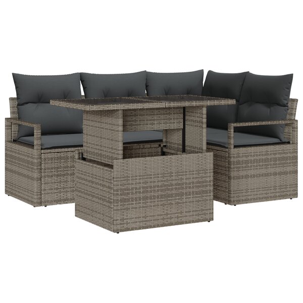 Ensemble de Sofa de Jardin Gris 5 Pièces avec Coussins Rattan Poly
