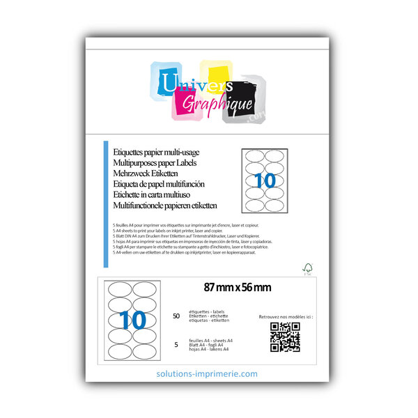 Lot de 5 planches a4 de 10 étiquettes à bords vifs 87 x 56 mm en papier blanc 70g/m² multifonction