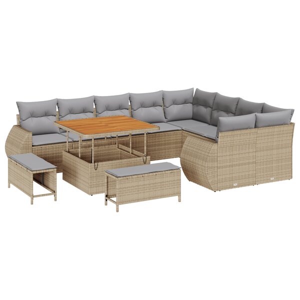 Ensemble 12 pièces de canapés de jardin avec coussins Beige Poly rotin Acacia