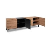 Buffet Bas - Décor chene et noir - 4 portes - NOLA - L 200 x P 42 x H 65 cm