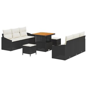 Ensemble de Canapés de Jardin 9 Pièces avec Coussins Noir Rattan Poly Acacia