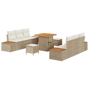 vidaXL Ensemble de Canapés de Jardin 9 Pièces avec Coussins Beige Poly Rattan Acacia