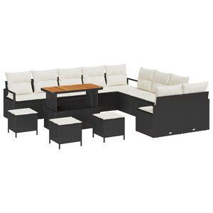 Ensemble de Canapé de Jardin 14 Pièces avec Coussins Noir Poly Rattan Acacia