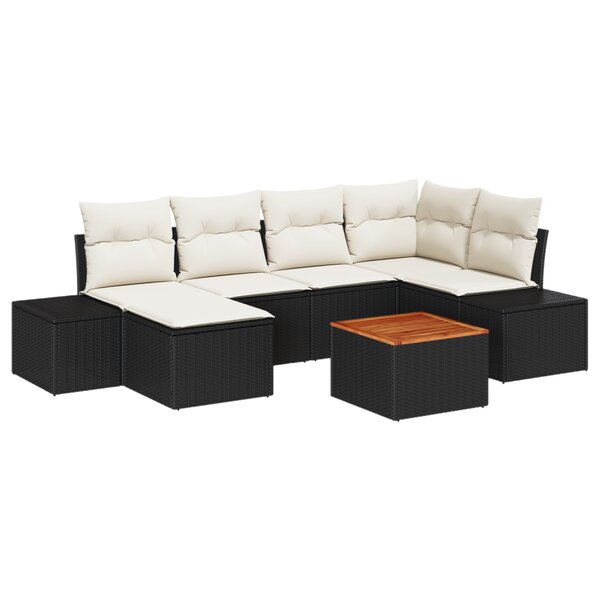 vidaXL Ensemble de canapé de jardin de 7 pièces avec coussins noir poly rotin acacia